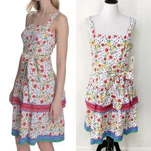 NWT Eliza J Poplin Floral Print Square Neck Sleeveless Bow Tie Ruffle Dress 12